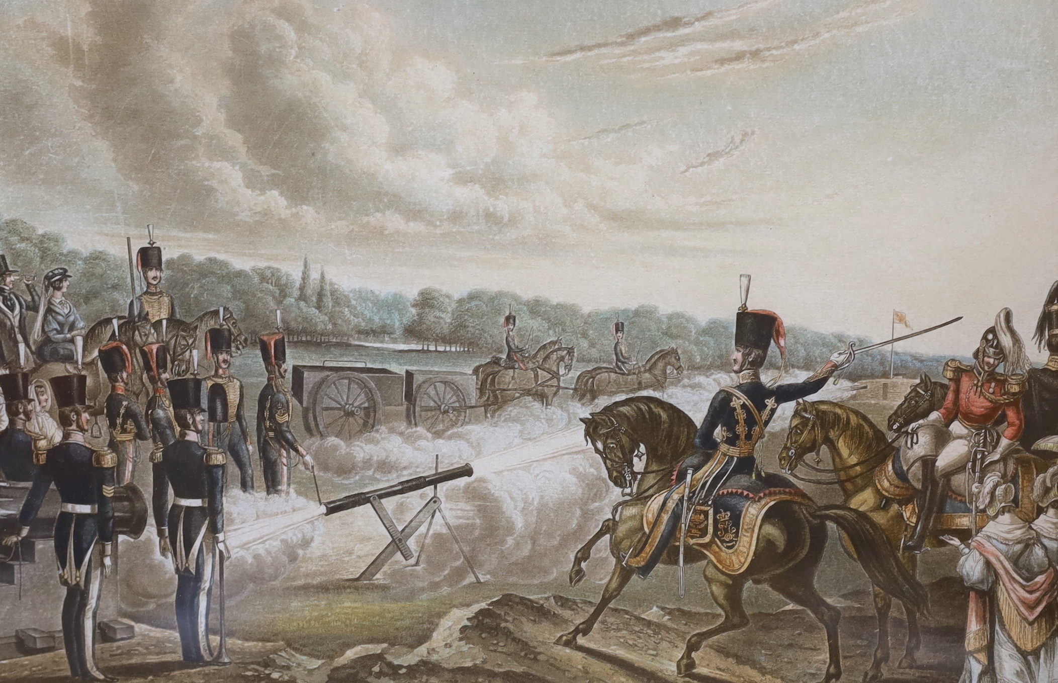 Two 19th century military colour engravings, comprising Rocket practice in the marshes, published by J. Grant, Woolwich, 1845 and Royal Artillery Repository Exercises, 1844, largest 31 x 43cm